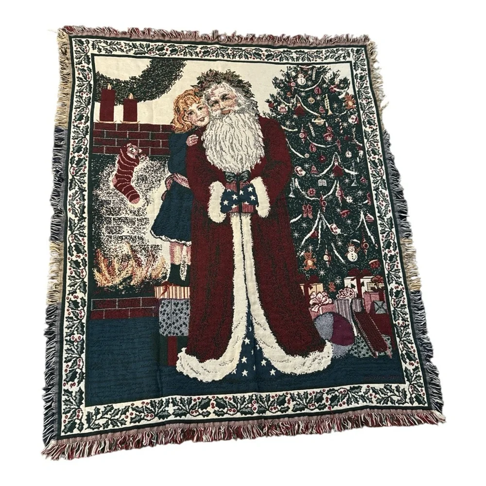 Rare- Vintage 90s Goodwin Weavers Christmas Santa Clause Fringe Tapestry Blanket
